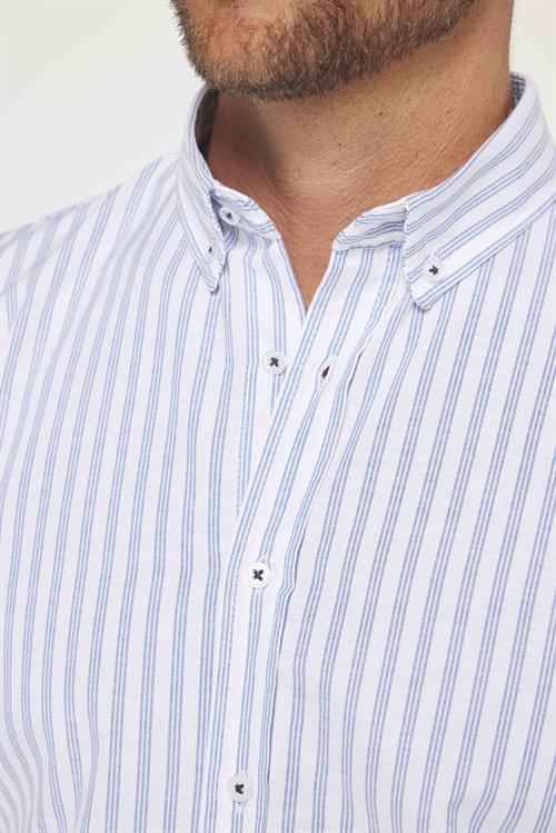 Slim Fit Uzun Kollu Düğmeli Yaka Çizgili Yumuşak Dokulu Pamuklu Erkek Gömlek