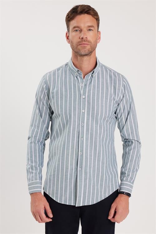Slim Fit Uzun Kollu Düğmeli Yaka Çizgili Yumuşak Dokulu Pamuklu Erkek Gömlek