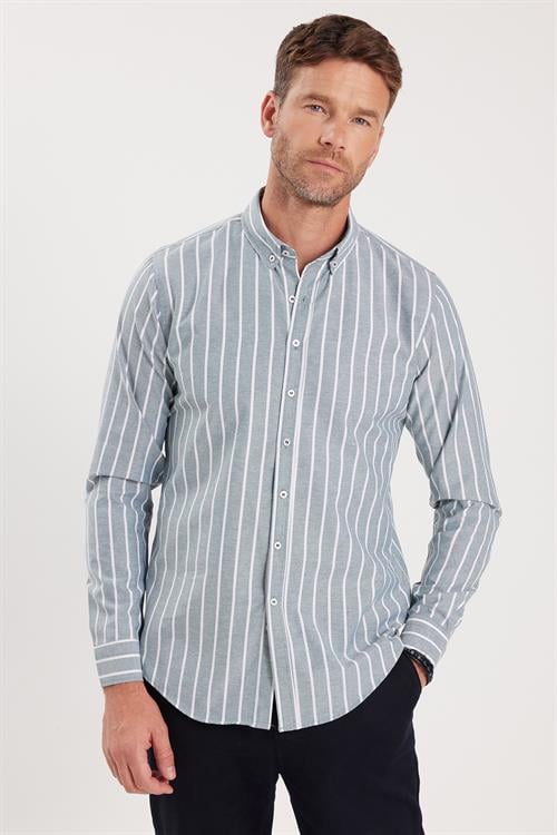 Slim Fit Uzun Kollu Düğmeli Yaka Çizgili Yumuşak Dokulu Pamuklu Erkek Gömlek