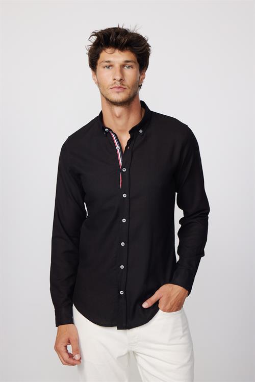 Erkek Slim Fit Dar Kesim Uzun Kollu %100 Pamuk Keten Doku Biyeli Düğmeli Yaka Siyah Gömlek