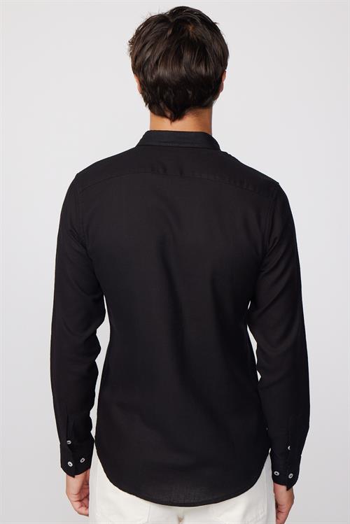 Erkek Slim Fit Dar Kesim Uzun Kollu %100 Pamuk Keten Doku Biyeli Düğmeli Yaka Siyah Gömlek