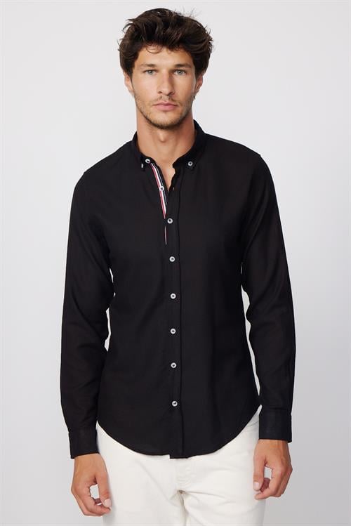 Erkek Slim Fit Dar Kesim Uzun Kollu %100 Pamuk Keten Doku Biyeli Düğmeli Yaka Siyah Gömlek