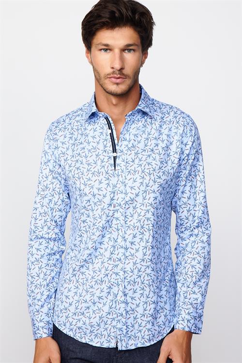 Slim Fit Uzun Kollu Dar Kesim Baskılı Oxford Doku Erkek Gömlek