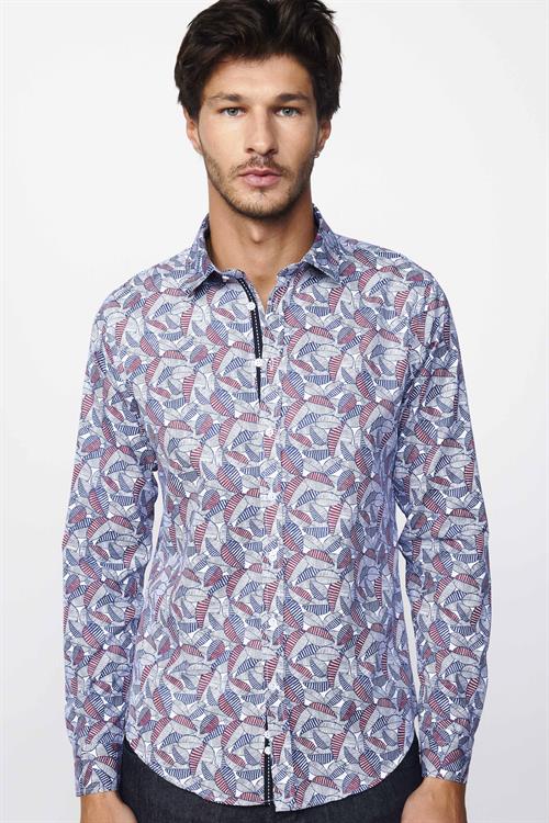 Slim Fit Uzun Kollu Dar Kesim Baskılı Oxford Doku Erkek Gömlek