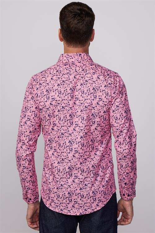 Slim Fit Uzun Kollu Dar Kesim Baskılı Oxford Doku Pembe Erkek Gömlek