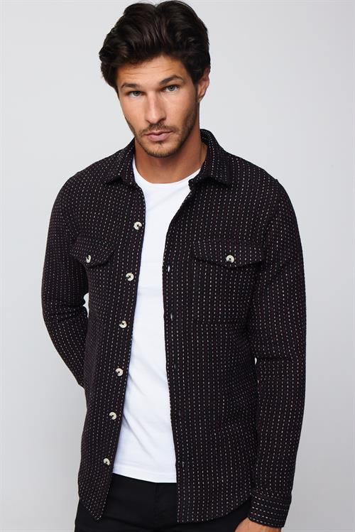 Erkek Slim Fit Dar Kesim Uzun Kollu Çizgili Çift Cepli Kışlık Oduncu Gömlek