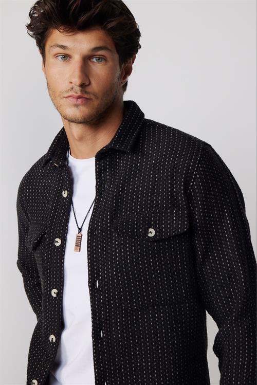 Erkek Slim Fit Dar Kesim Uzun Kollu Çizgili Çift Cepli Kışlık Oduncu Gömlek