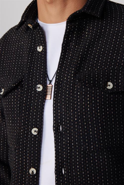 Erkek Slim Fit Dar Kesim Uzun Kollu Çizgili Çift Cepli Kışlık Oduncu Gömlek