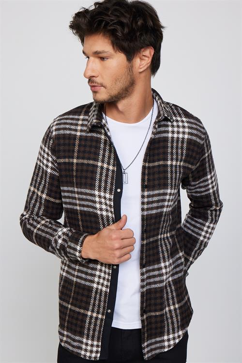 Erkek Slim Fit Dar Kesim Uzun Kollu Kareli Kışlık Oduncu Gömlek