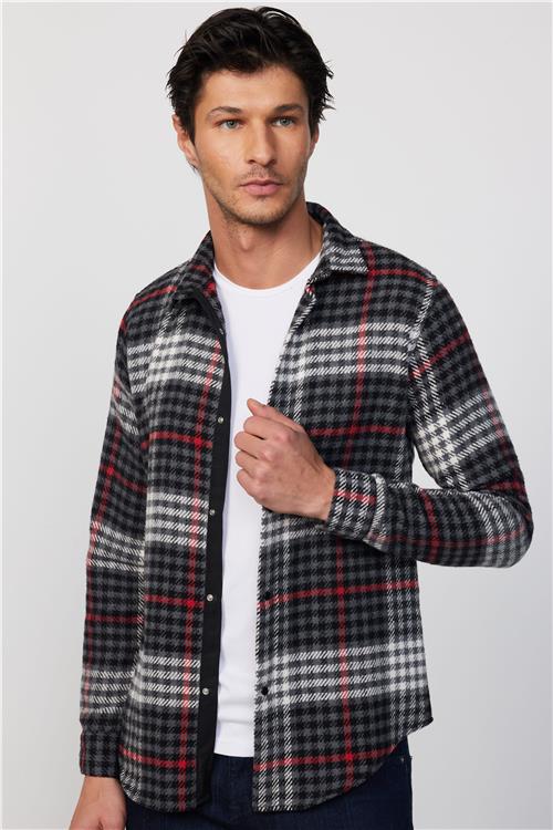 Erkek Slim Fit Dar Kesim Uzun Kollu Kareli Kışlık Oduncu Gömlek
