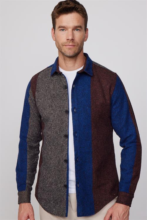 Erkek Slim Fit Dar Kesim Uzun Kollu Çizgili Kışlık Oduncu Gömlek