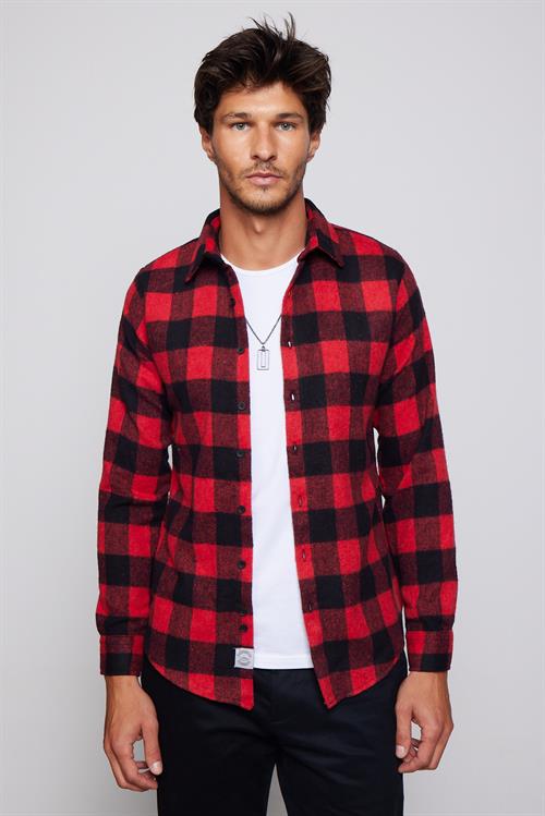 Erkek Slim Fit Dar Kesim Uzun Kollu Kareli Kışlık Oduncu Gömlek