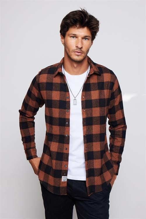 Erkek Slim Fit Dar Kesim Uzun Kollu Kareli Kışlık Oduncu Gömlek - 1 Alana 1 Bedava