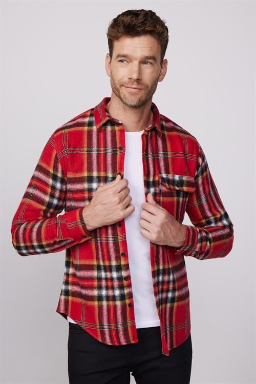 Erkek Slim Fit Dar Kesim Uzun Kollu Kareli Tek Cepli Kışlık Oduncu Gömlek
