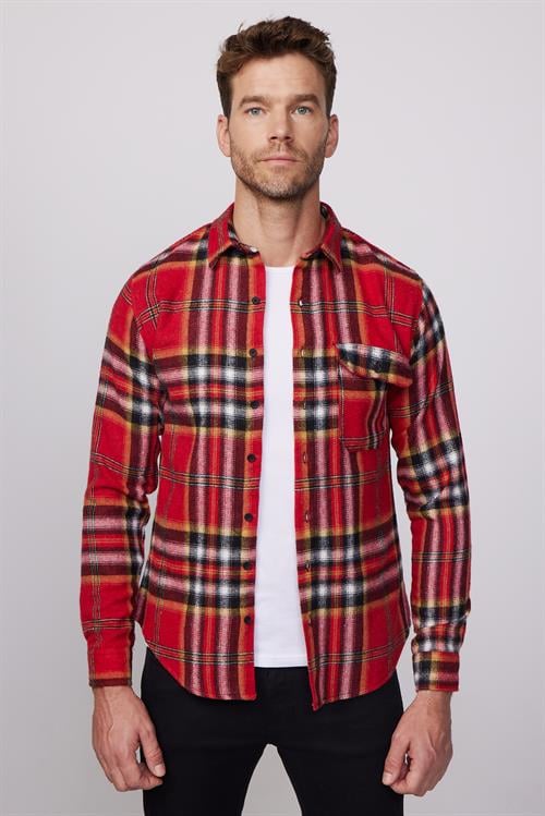 Erkek Slim Fit Dar Kesim Uzun Kollu Kareli Tek Cepli Kışlık Oduncu Gömlek