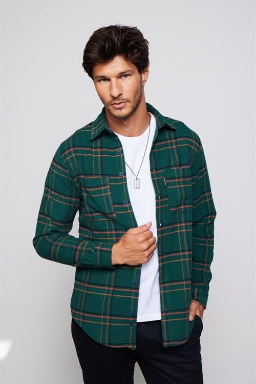 Erkek Slim Fit Dar Kesim Uzun Kollu Kareli Çift Cepli Kışlık Oduncu Gömlek
