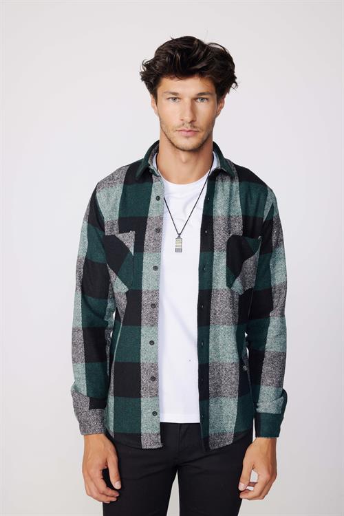 Erkek Slim Fit Dar Kesim Uzun Kollu Kareli Çift Cepli Kışlık Oduncu Gömlek