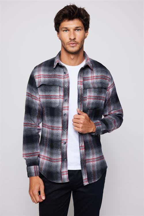 Erkek Slim Fit Dar Kesim Uzun Kollu Kareli Çift Cepli Kışlık Oduncu Gömlek - 1 Alana 1 Bedava