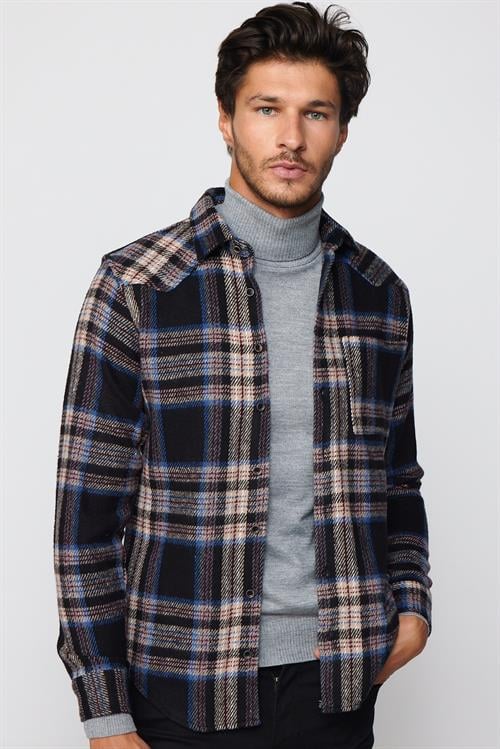 Erkek Slim Fit Dar Kesim Uzun Kollu Kareli Tek Cepli Kışlık Oduncu Gömlek - 1 Alana 1 Bedava