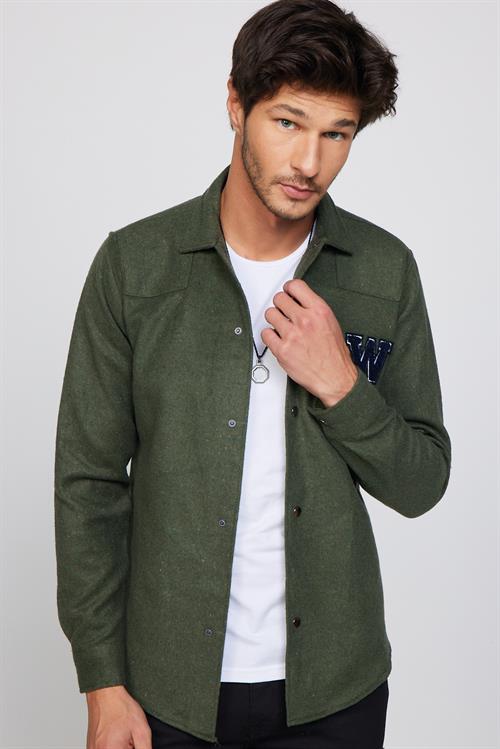 Erkek Slim Fit Dar Kesim Uzun Kollu Pamuklu Düz Kışlık Oduncu Haki Gömlek