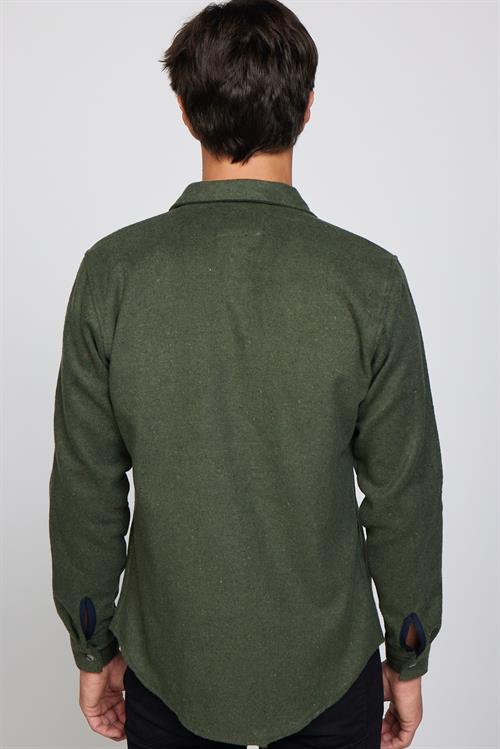 Erkek Slim Fit Dar Kesim Uzun Kollu Pamuklu Düz Kışlık Oduncu Haki Gömlek