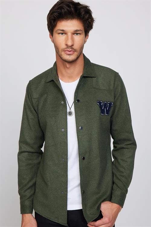 Erkek Slim Fit Dar Kesim Uzun Kollu Pamuklu Düz Kışlık Oduncu Haki Gömlek