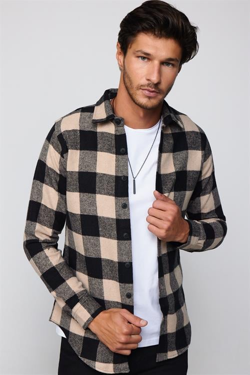 Erkek Slim Fit Dar Kesim Uzun Kollu Kareli Kışlık Oduncu Gömlek