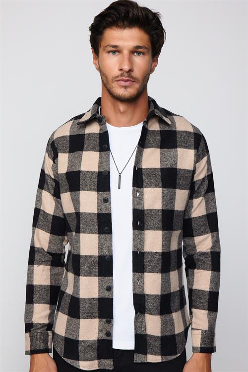 Erkek Slim Fit Dar Kesim Uzun Kollu Kareli Kışlık Oduncu Gömlek