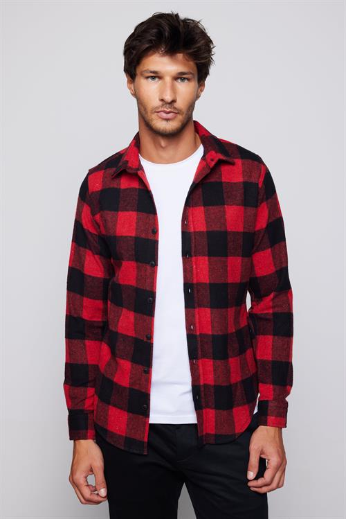 Erkek Slim Fit Dar Kesim Uzun Kollu Kareli Kışlık Oduncu Gömlek