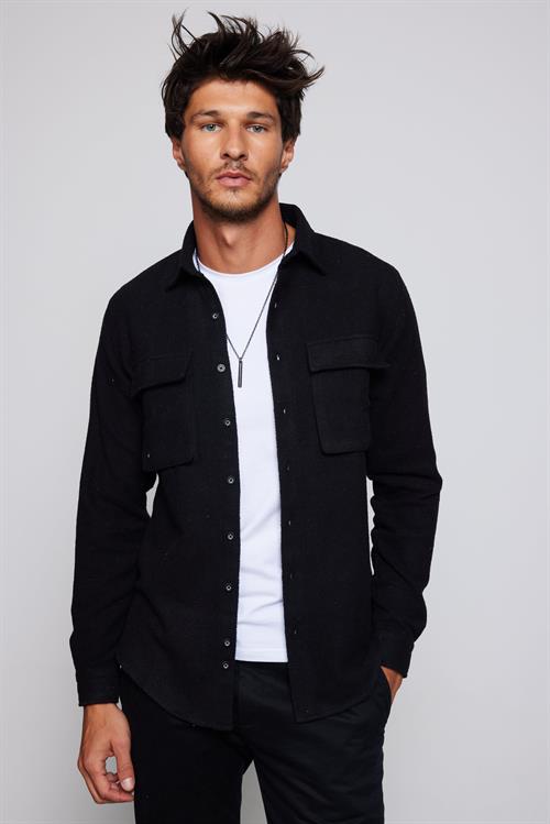 Erkek Slim Fit Dar Kesim Oduncu Düz Çift Cepli Siyah Gömlek