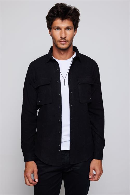 Erkek Slim Fit Dar Kesim Oduncu Düz Çift Cepli Siyah Gömlek