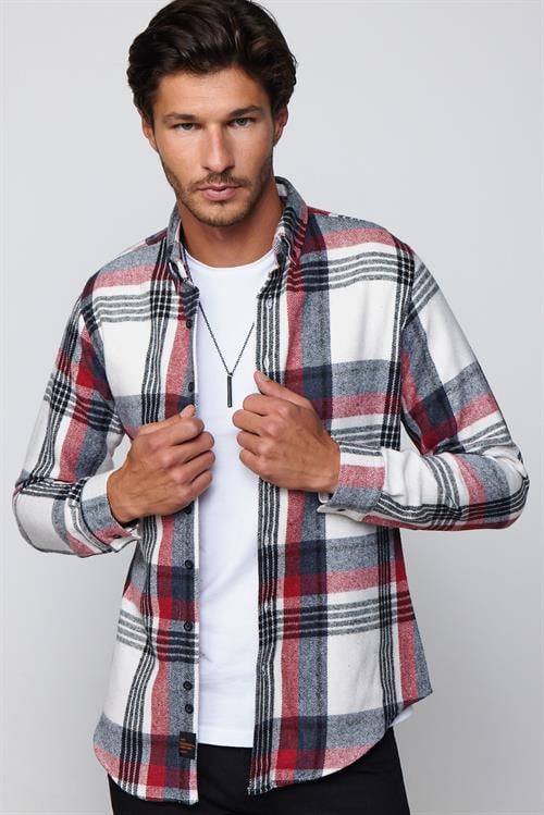 Erkek Slim Fit Dar Kesim Uzun Kollu Pamuklu Kareli Kışlık Oduncu Düğmeli Yaka Gömlek - Tudors 1 Alana 1 Bedava