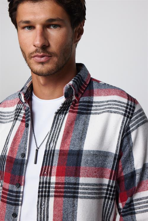 Erkek Slim Fit Dar Kesim Uzun Kollu Pamuklu Kareli Kışlık Oduncu Düğmeli Yaka Gömlek