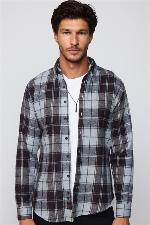 Erkek Slim Fit Dar Kesim Uzun Kollu Pamuklu Kareli Kışlık Oduncu Düğmeli Yaka Gömlek