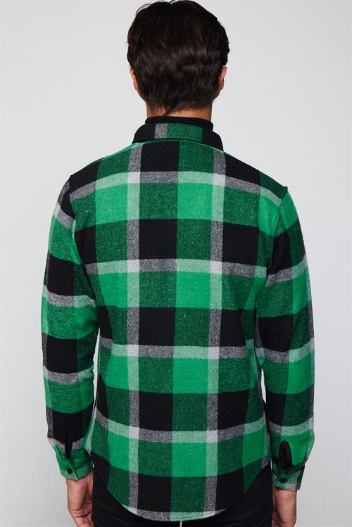 Erkek Slim Fit Dar Kesim Uzun Kollu Kareli Tek Cepli Kışlık Oduncu Yeşil Düğmeli Yaka Gömlek