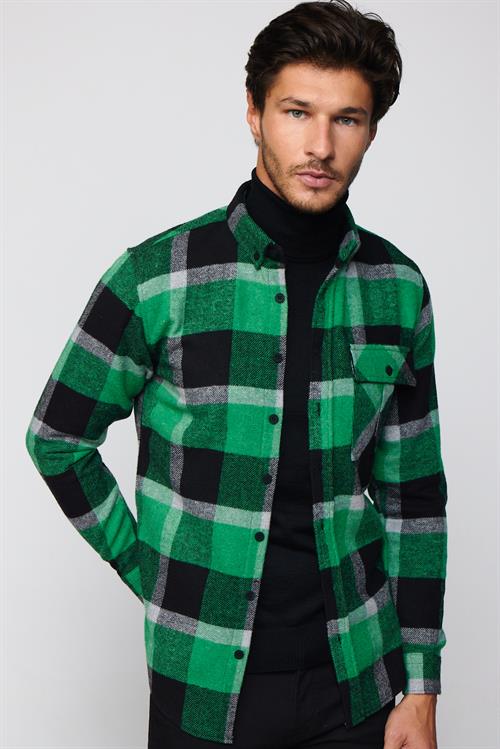 Erkek Slim Fit Dar Kesim Uzun Kollu Kareli Tek Cepli Kışlık Oduncu Yeşil Düğmeli Yaka Gömlek