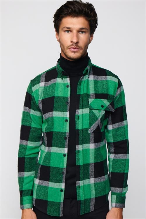 Erkek Slim Fit Dar Kesim Uzun Kollu Kareli Tek Cepli Kışlık Oduncu Yeşil Düğmeli Yaka Gömlek