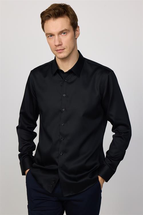 Slim Fit Siyah Non-Iron %100 Pamuk Doğa Dostu Ekoteks Belgeli Ütü Gerektirmez Gömlek