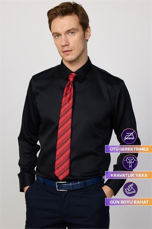 Slim Fit Siyah Non-Iron %100 Pamuk Doğa Dostu Ekoteks Belgeli  Gömlek
