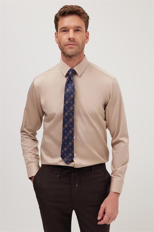 Slim Fit Bej Non-Iron %100 Pamuk Doğa Dostu Ekoteks Belgeli Ütü Gerektirmez Gömlek