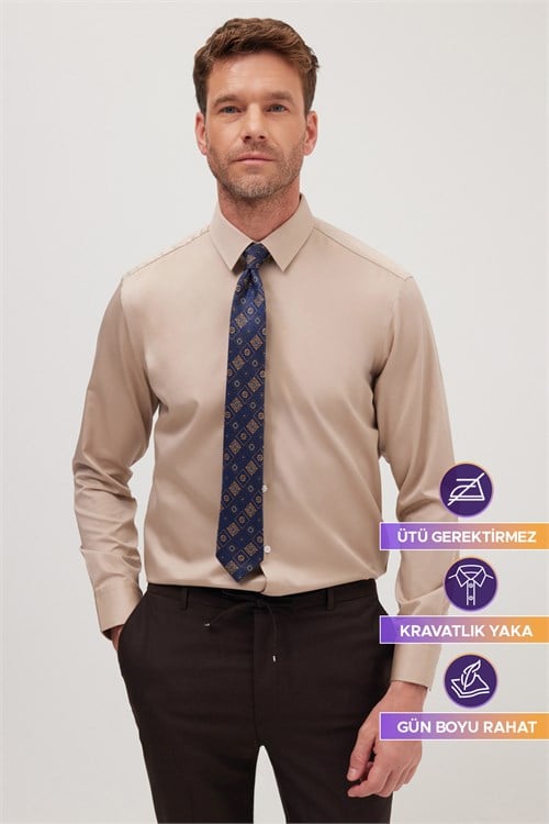 Slim Fit Bej Non-Iron %100 Pamuk Doğa Dostu Ekoteks Belgeli  Gömlek