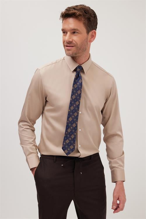 Slim Fit Bej Non-Iron %100 Pamuk Doğa Dostu Ekoteks Belgeli Ütü Gerektirmez Gömlek