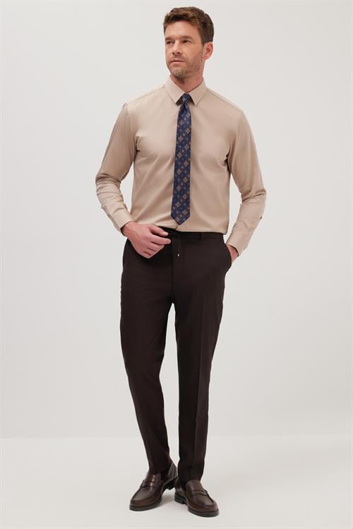 Slim Fit Bej Non-Iron %100 Pamuk Doğa Dostu Ekoteks Belgeli Ütü Gerektirmez Gömlek