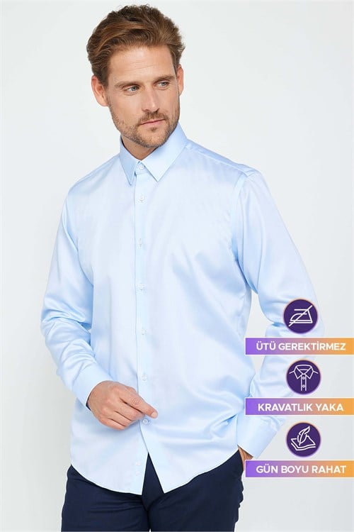 Slim Fit Mavi Non-Iron %100 Pamuk Doğa Dostu Ekoteks Belgeli  Gömlek