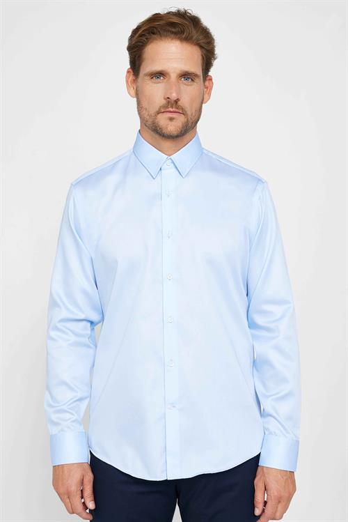 Slim Fit Mavi Non-Iron %100 Pamuk Doğa Dostu Ekoteks Belgeli Ütü Gerektirmez Gömlek