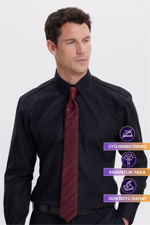 Slim Fit Siyah Non-Iron %100 Pamuk Doğa Dostu Ekoteks Belgeli  Gömlek