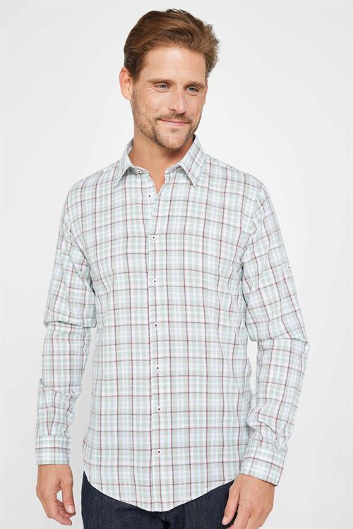Erkek Slim Fit Dar Kesim Uzun Kollu %100 Pamuk Keten Doku Kareli Gömlek