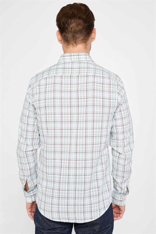 Erkek Slim Fit Dar Kesim Uzun Kollu %100 Pamuk Keten Doku Kareli Gömlek