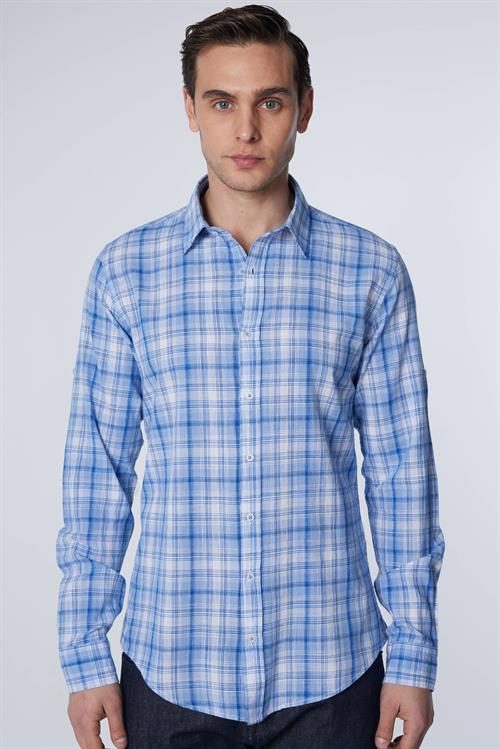 Erkek Slim Fit Dar Kesim Uzun Kollu %100 Pamuk Keten Doku Kareli Gömlek
