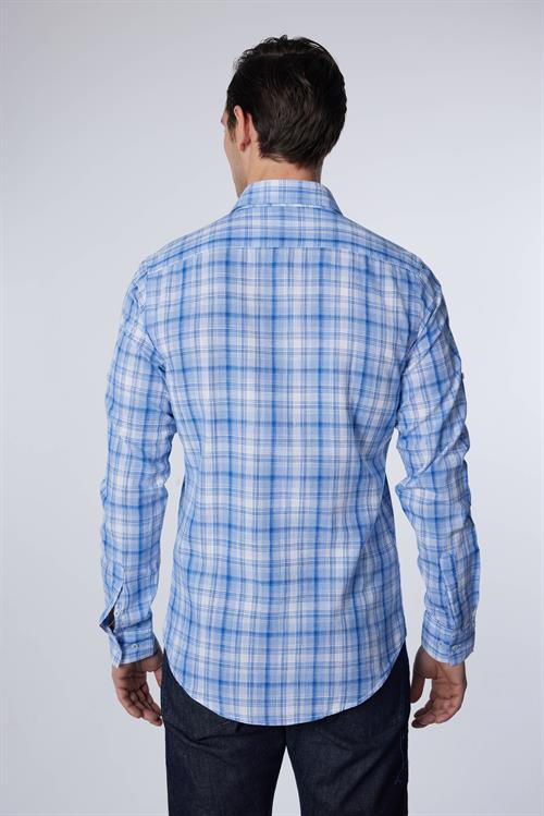 Erkek Slim Fit Dar Kesim Uzun Kollu %100 Pamuk Keten Doku Kareli Gömlek
